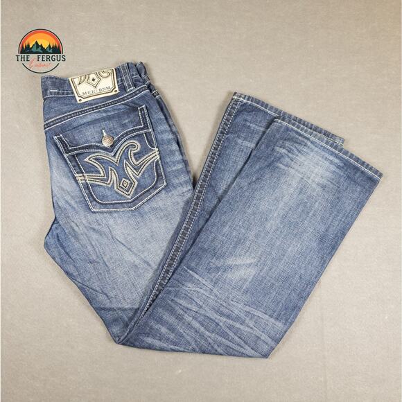 MEK Denim Jeans Y2K Cyber Wide Leg Button Fly Med Wash USA Design Mens Sz 34x34 - Picture 1 of 16
